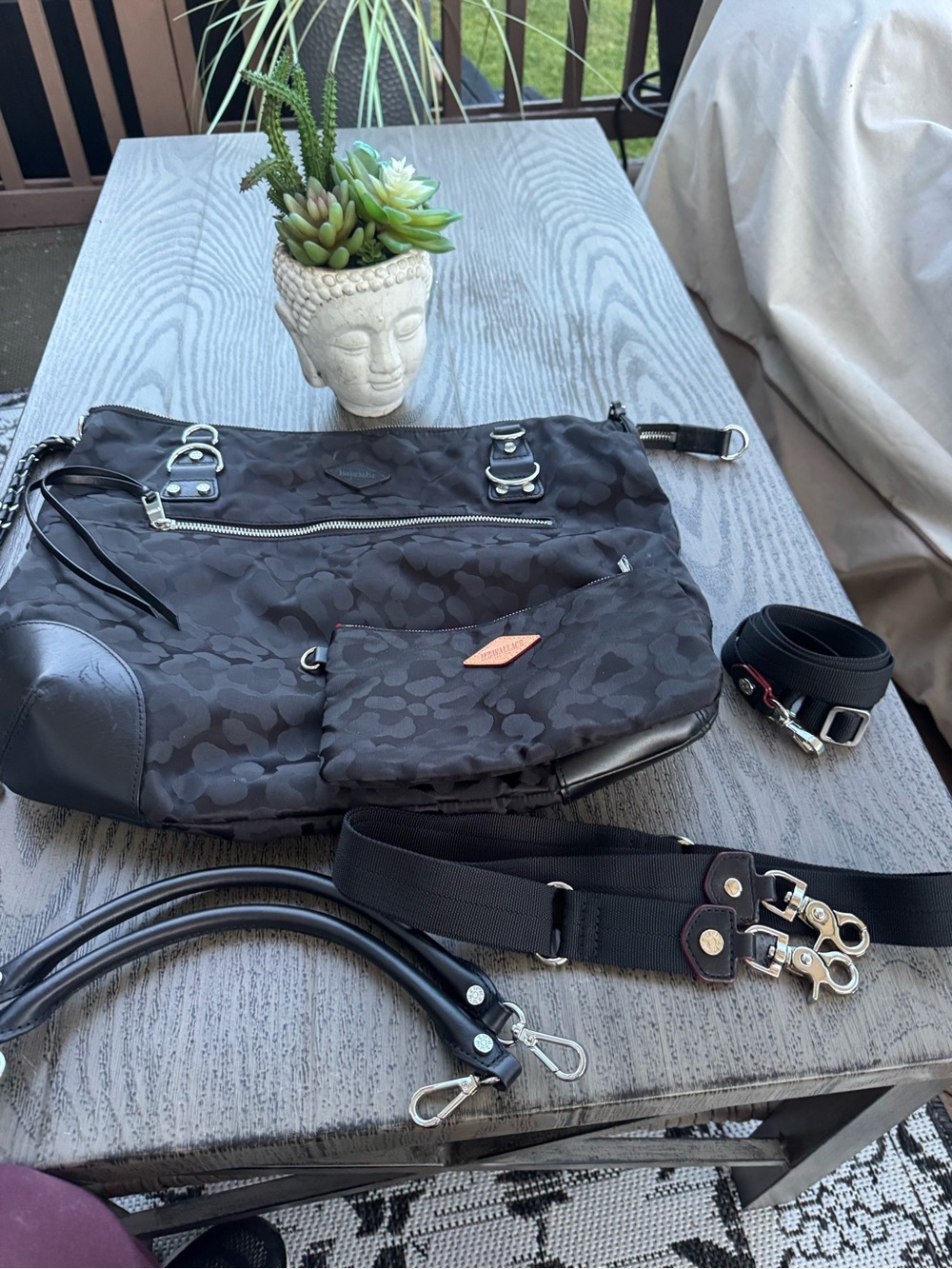 Mz Wallace Large Black Nylon Leopard Madison Leather-Trim Tote Multi Straps/case